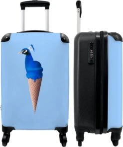 NoBoringSuitcases.com® Koffer - Reiskoffer Met Wielen - Pauw - IJshoorntjes - Blauw - IJs - Vogel - Handbagage Trolley - Past Binnen 55x40x20 Cm En 55x35x25 Cm - Fotokoffer