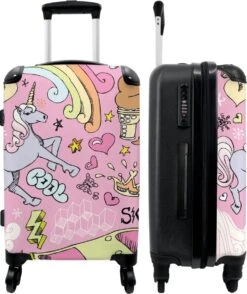 NoBoringSuitcases.com® Koffer Groot - Roze - Eenhoorn - Skateboard - Tekening - Trolley Koffer Met TSA-slot - Met Wielen - 90 Liter - Reiskoffer - 66 Cm