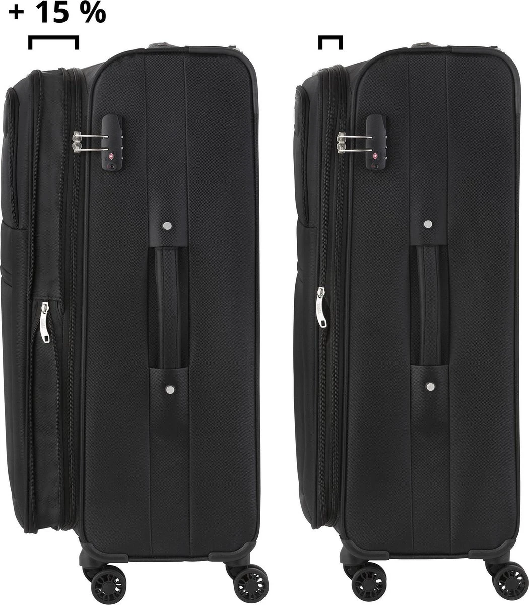 TravelZ Softspinner TSA Kofferset - 3-delige Zachte Trolleyset - Dubbele Wielen En Voorvakken Zwart 5 TravelZ Softspinner TSA Kofferset - 3-delige Zachte Trolleyset - Dubbele Wielen En Voorvakken Zwart - Afbeelding 3