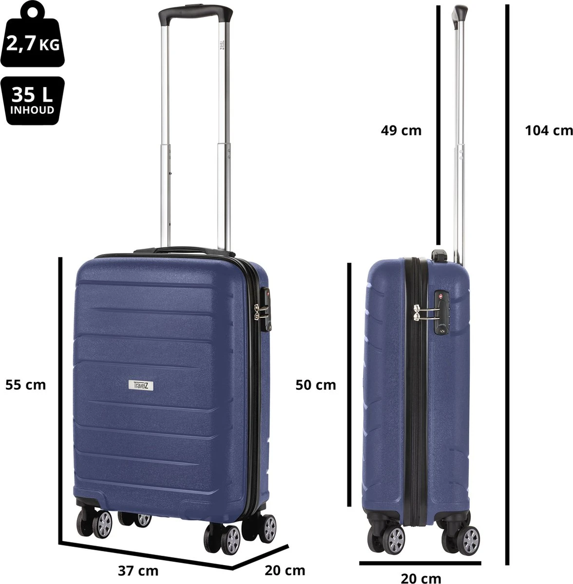 TravelZ Big Bars Handbagagekoffer 55cm Met TSA-slot - Ultrasterk - Blauw 9 TravelZ Big Bars Handbagagekoffer 55cm Met TSA-slot - Ultrasterk - Blauw - Afbeelding 7