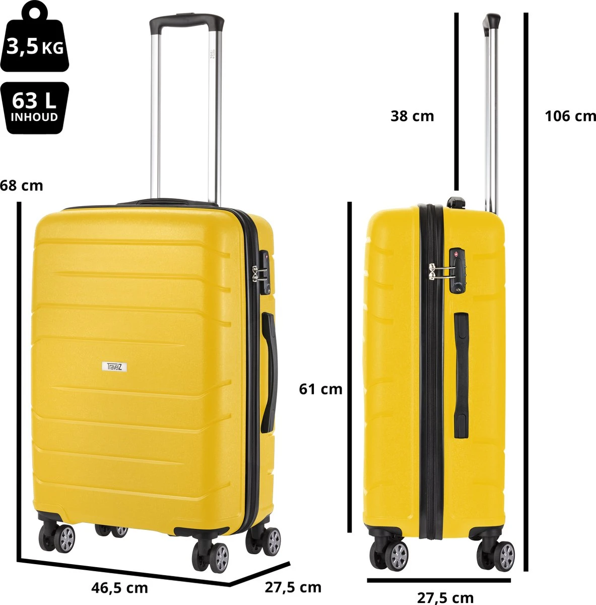 TravelZ Big Bars Reiskoffer 68 Cm Met Dubbele Wielen - Trolley Koffer Met TSA-slot - Geel 9 TravelZ Big Bars Reiskoffer 68 Cm Met Dubbele Wielen - Trolley Koffer Met TSA-slot - Geel - Afbeelding 7