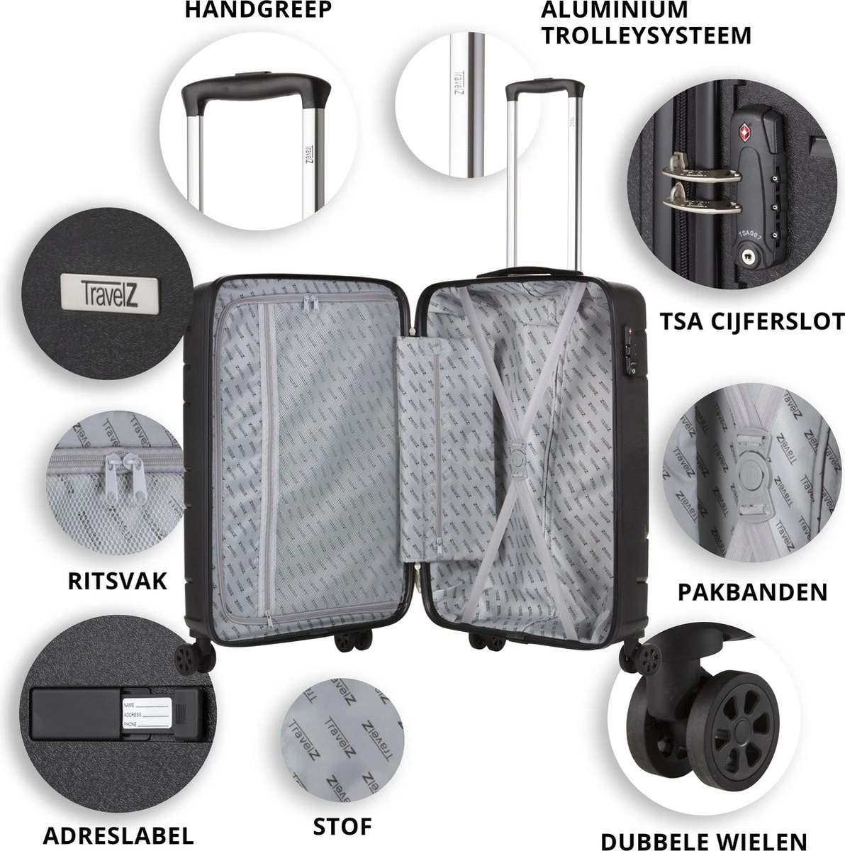 TravelZ Big Bars Handbagagekoffer 55cm Met TSA-slot - Ultrasterk - Zwart 6 TravelZ Big Bars Handbagagekoffer 55cm Met TSA-slot - Ultrasterk - Zwart - Afbeelding 4