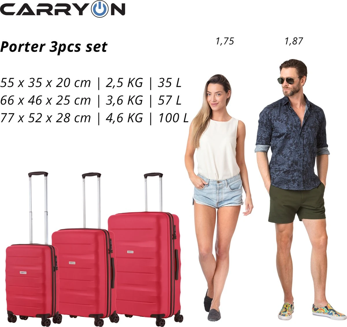 CarryOn Porter ® Kofferset - TSA Trolleyset 3-delig Met OKOBAN - Dubbele Wielen - Rood 7 CarryOn Porter ® Kofferset - TSA Trolleyset 3-delig Met OKOBAN - Dubbele Wielen - Rood - Afbeelding 5