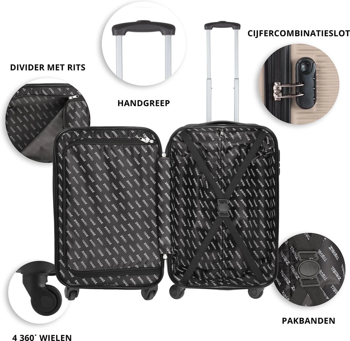 TravelZ Horizon Handbagagekoffer - 54cm Handbagage Trolley Met Gevoerde Binnenkant - Champagne 5 TravelZ Horizon Handbagagekoffer - 54cm Handbagage Trolley Met Gevoerde Binnenkant - Champagne - Afbeelding 3