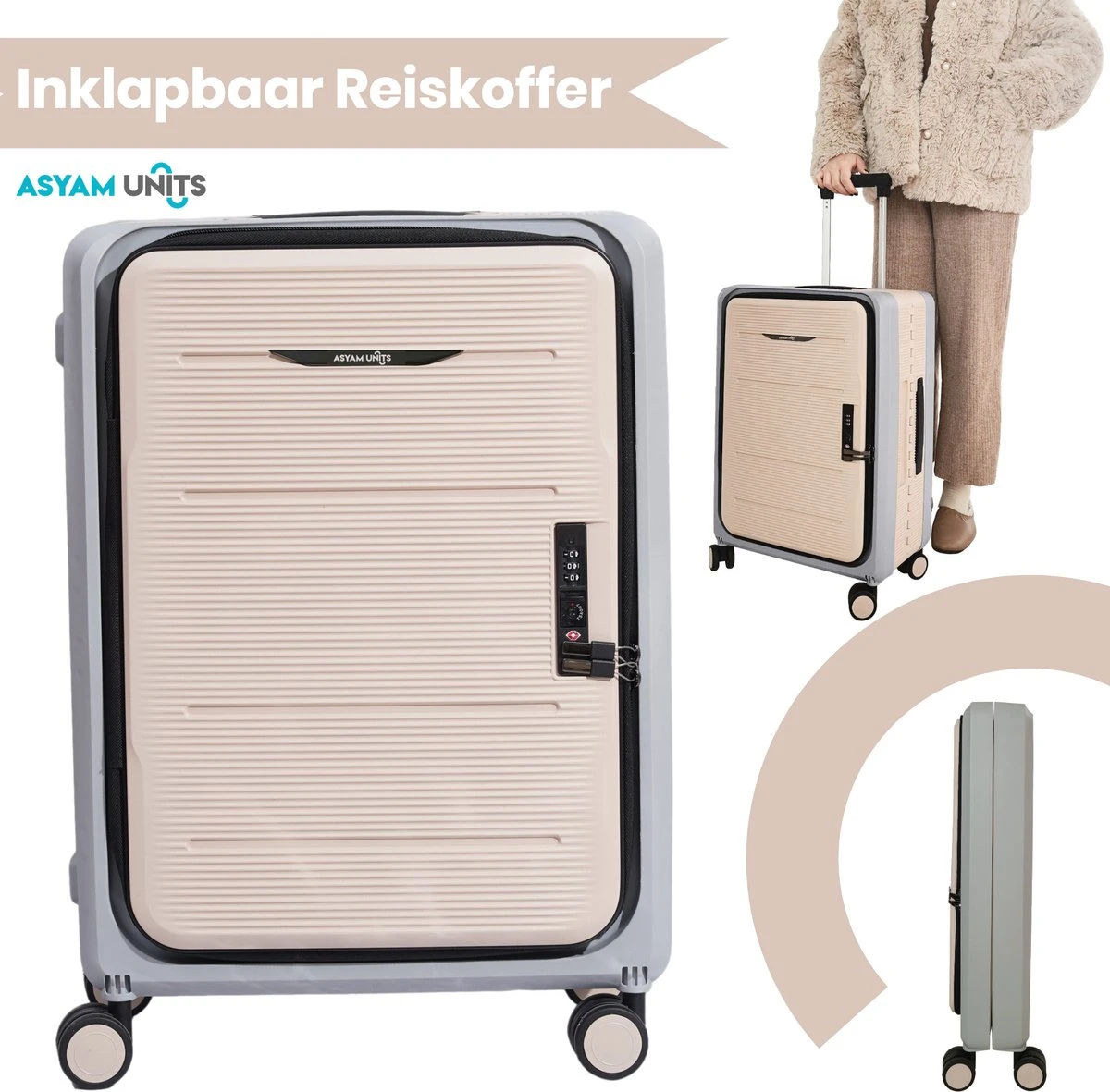 Asyam Units- Handbagage- Invouwbaar- Koffer- Koffer 38L- Spinner Wielen- TSA Slot- Lichtgewicht- Khaki 3 Asyam Units- Handbagage- Invouwbaar- Koffer- Koffer 38L- Spinner Wielen- TSA Slot- Lichtgewicht- Khaki