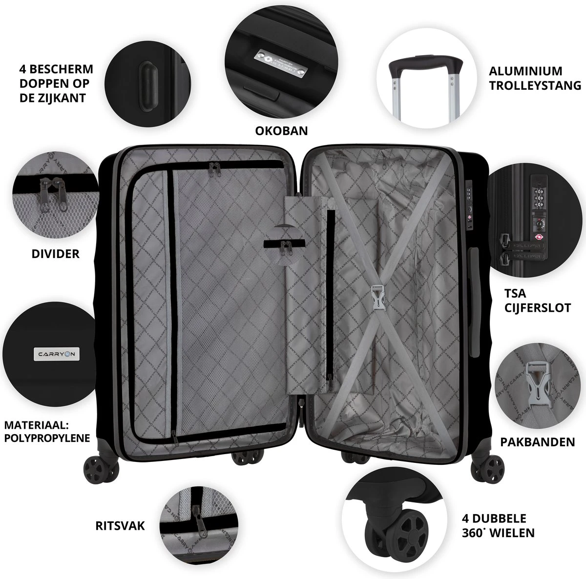 CarryOn Porter ® Kofferset - TSA Trolleyset 3-delig Met OKOBAN - Dubbele Wielen - Zwart 5 CarryOn Porter ® Kofferset - TSA Trolleyset 3-delig Met OKOBAN - Dubbele Wielen - Zwart - Afbeelding 3