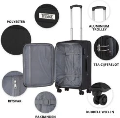TravelZ Softspinner TSA Handbagagekoffer 55cm - Zachte Reiskoffer Dubbele Wielen – Zwart -Koffer Winkel 1200x1187 3
