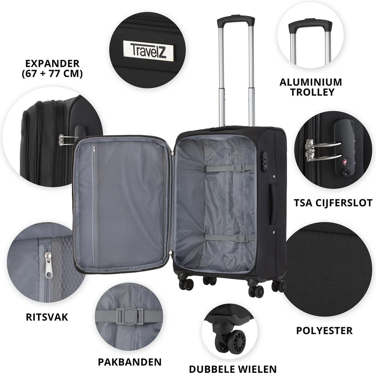 TravelZ Softspinner TSA Kofferset - 3-delige Zachte Trolleyset - Dubbele Wielen En Voorvakken Zwart 6 TravelZ Softspinner TSA Kofferset - 3-delige Zachte Trolleyset - Dubbele Wielen En Voorvakken Zwart - Afbeelding 4
