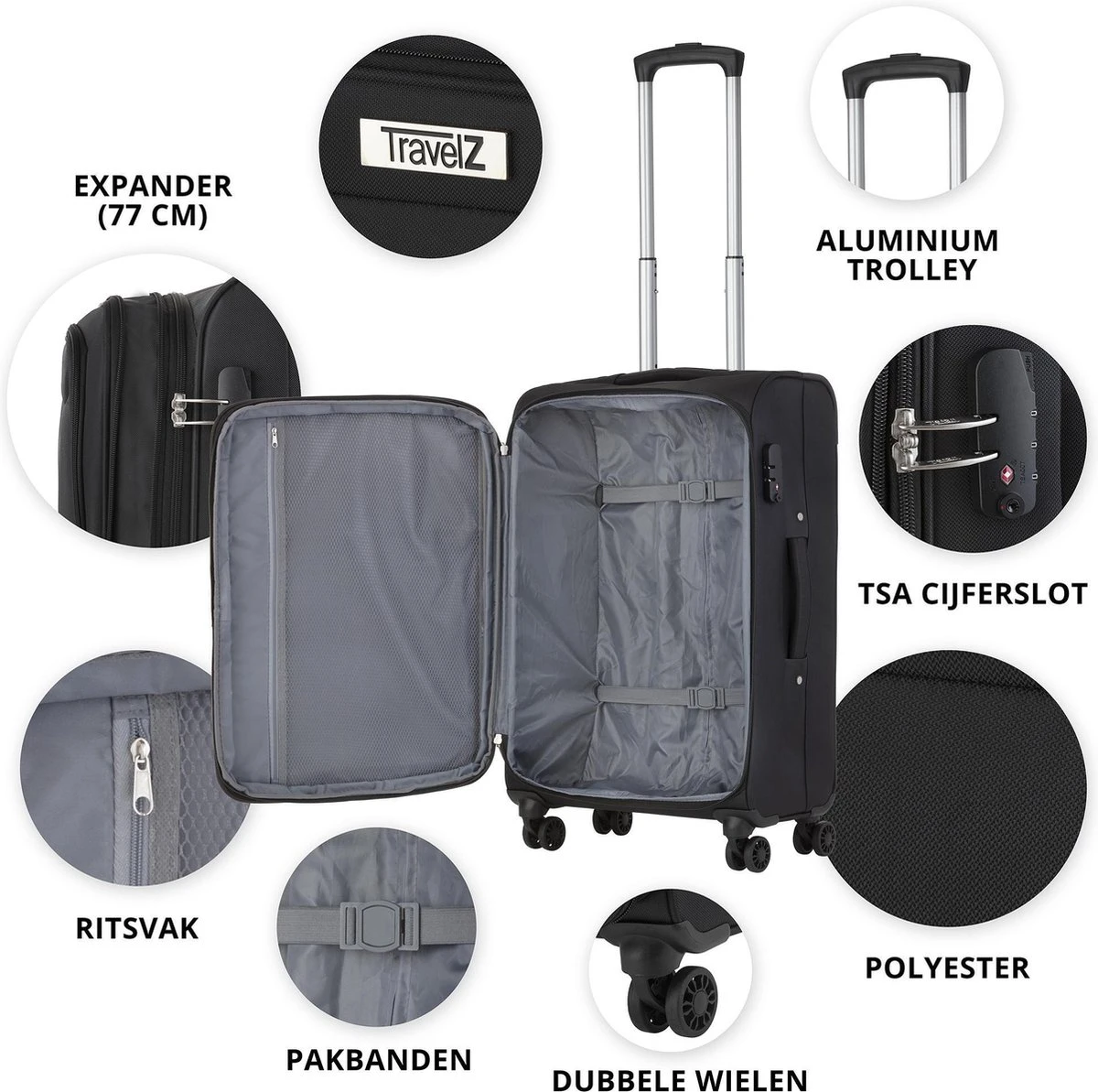 TravelZ Softspinner TSA Kofferset - 2-delig Handbagage + Grote Koffer 77cm - Dubbele Wielen - Zwart 6 TravelZ Softspinner TSA Kofferset - 2-delig Handbagage + Grote Koffer 77cm - Dubbele Wielen - Zwart - Afbeelding 4