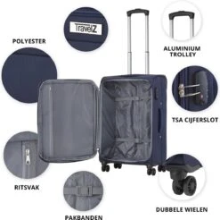 TravelZ Softspinner TSA Handbagagekoffer 55cm - Zachte Reiskoffer Dubbele Wielen – Blauw -Koffer Winkel 1200x1194 1