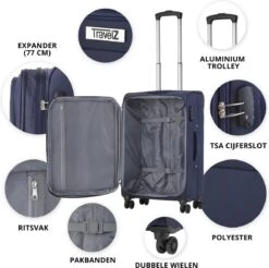 TravelZ Softspinner TSA Kofferset - 2-delig Handbagage + Grote Koffer 77cm - Dubbele Wielen - Blauw 13 TravelZ Softspinner TSA Kofferset - 2-delig Handbagage + Grote Koffer 77cm - Dubbele Wielen - Blauw -Koffer Winkel 1200x1194 9