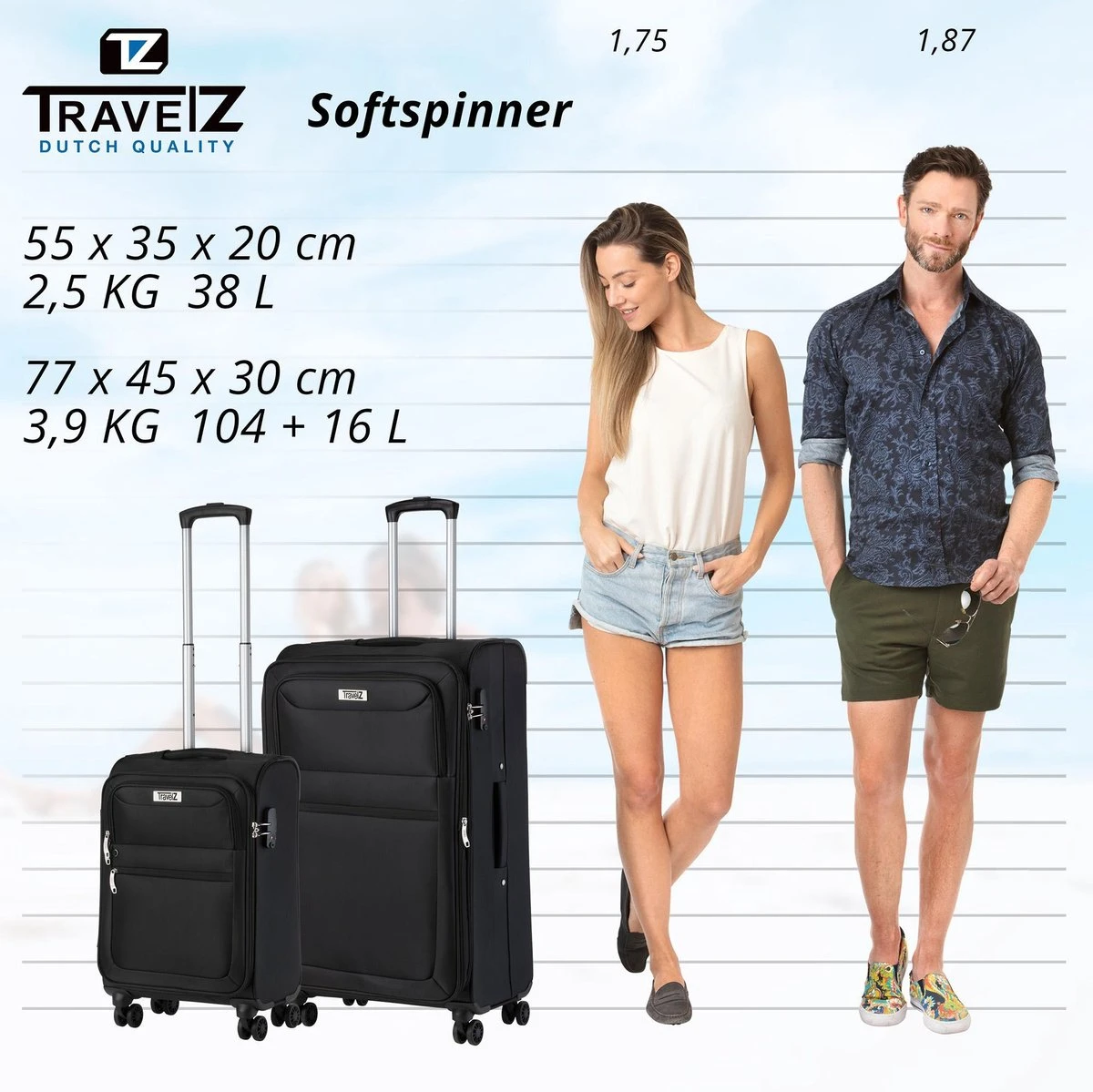 TravelZ Softspinner TSA Kofferset - 2-delig Handbagage + Grote Koffer 77cm - Dubbele Wielen - Zwart 9 TravelZ Softspinner TSA Kofferset - 2-delig Handbagage + Grote Koffer 77cm - Dubbele Wielen - Zwart - Afbeelding 7