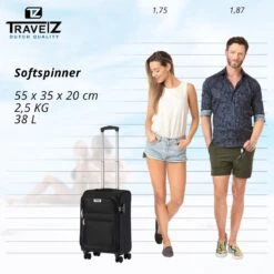 TravelZ Softspinner TSA Handbagagekoffer 55cm - Zachte Reiskoffer Dubbele Wielen – Zwart -Koffer Winkel 1200x1199 7