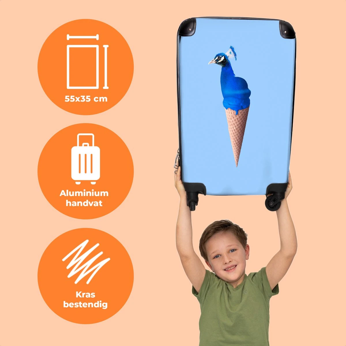 NoBoringSuitcases.com® Koffer - Reiskoffer Met Wielen - Pauw - IJshoorntjes - Blauw - IJs - Vogel - Handbagage Trolley - Past Binnen 55x40x20 Cm En 55x35x25 Cm - Fotokoffer 5 NoBoringSuitcases.com® Koffer - Reiskoffer Met Wielen - Pauw - IJshoorntjes - Blauw - IJs - Vogel - Handbagage Trolley - Past Binnen 55x40x20 Cm En 55x35x25 Cm - Fotokoffer - Afbeelding 3