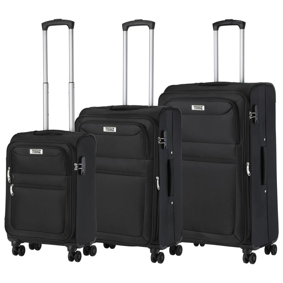 TravelZ Softspinner TSA Kofferset - 3-delige Zachte Trolleyset - Dubbele Wielen En Voorvakken Zwart 3 TravelZ Softspinner TSA Kofferset - 3-delige Zachte Trolleyset - Dubbele Wielen En Voorvakken Zwart