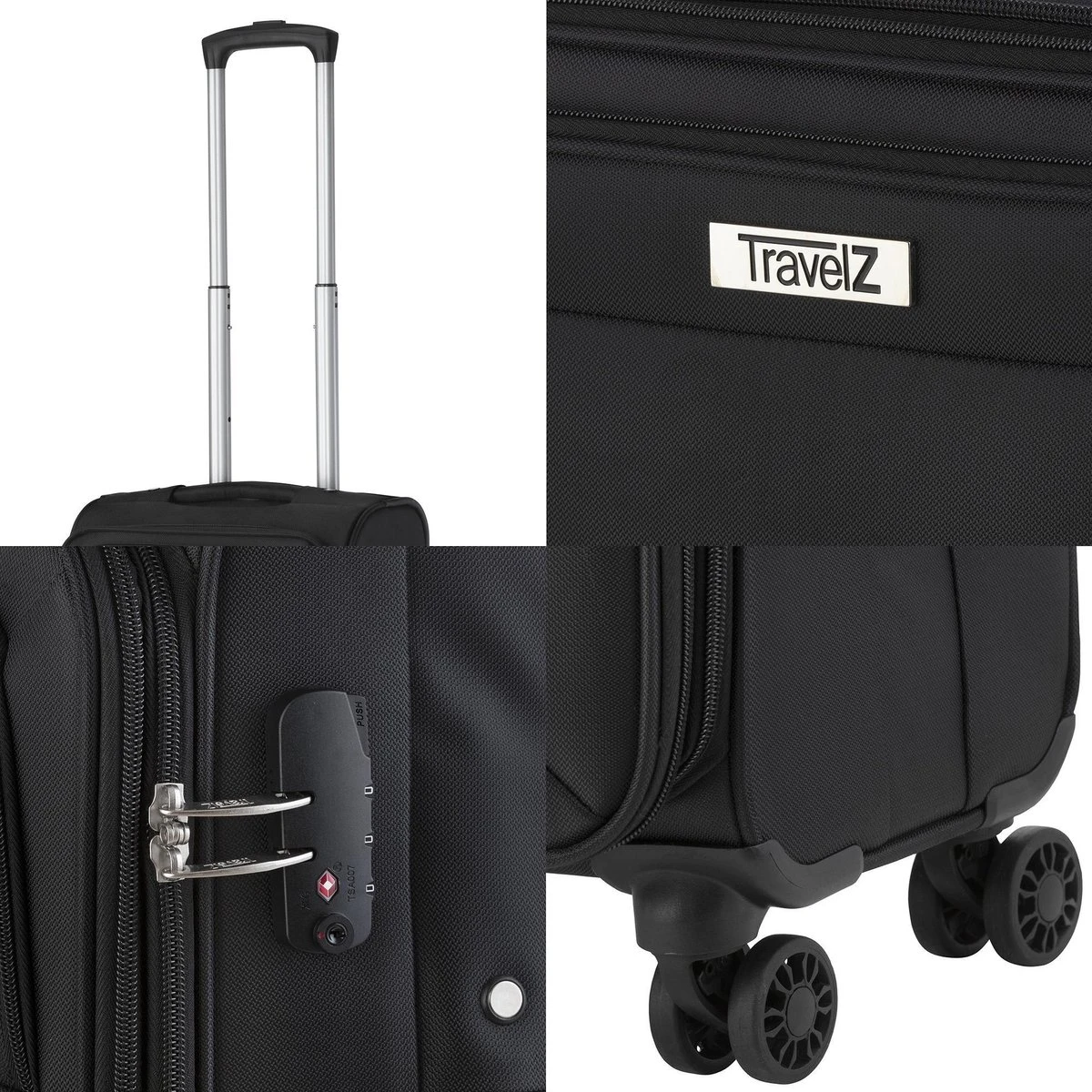 TravelZ Softspinner TSA Kofferset - 2-delig Handbagage + Grote Koffer 77cm - Dubbele Wielen - Zwart 7 TravelZ Softspinner TSA Kofferset - 2-delig Handbagage + Grote Koffer 77cm - Dubbele Wielen - Zwart - Afbeelding 5