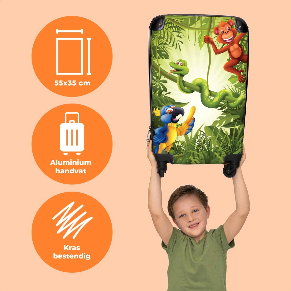 NoBoringSuitcases.com® Koffer - Jungle - Dieren - Groen - Kinderen - Past Binnen 55x40x20 Cm En 55x35x25 Cm - Handbagage - Trolley - Fotokoffer - Cabin Size - Print 5 NoBoringSuitcases.com® Koffer - Jungle - Dieren - Groen - Kinderen - Past Binnen 55x40x20 Cm En 55x35x25 Cm - Handbagage - Trolley - Fotokoffer - Cabin Size - Print - Afbeelding 3