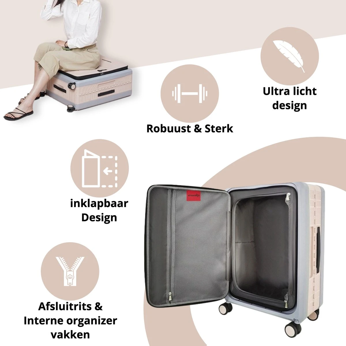 Asyam Units- Handbagage- Invouwbaar- Koffer- Koffer 38L- Spinner Wielen- TSA Slot- Lichtgewicht- Khaki 4 Asyam Units- Handbagage- Invouwbaar- Koffer- Koffer 38L- Spinner Wielen- TSA Slot- Lichtgewicht- Khaki - Afbeelding 2