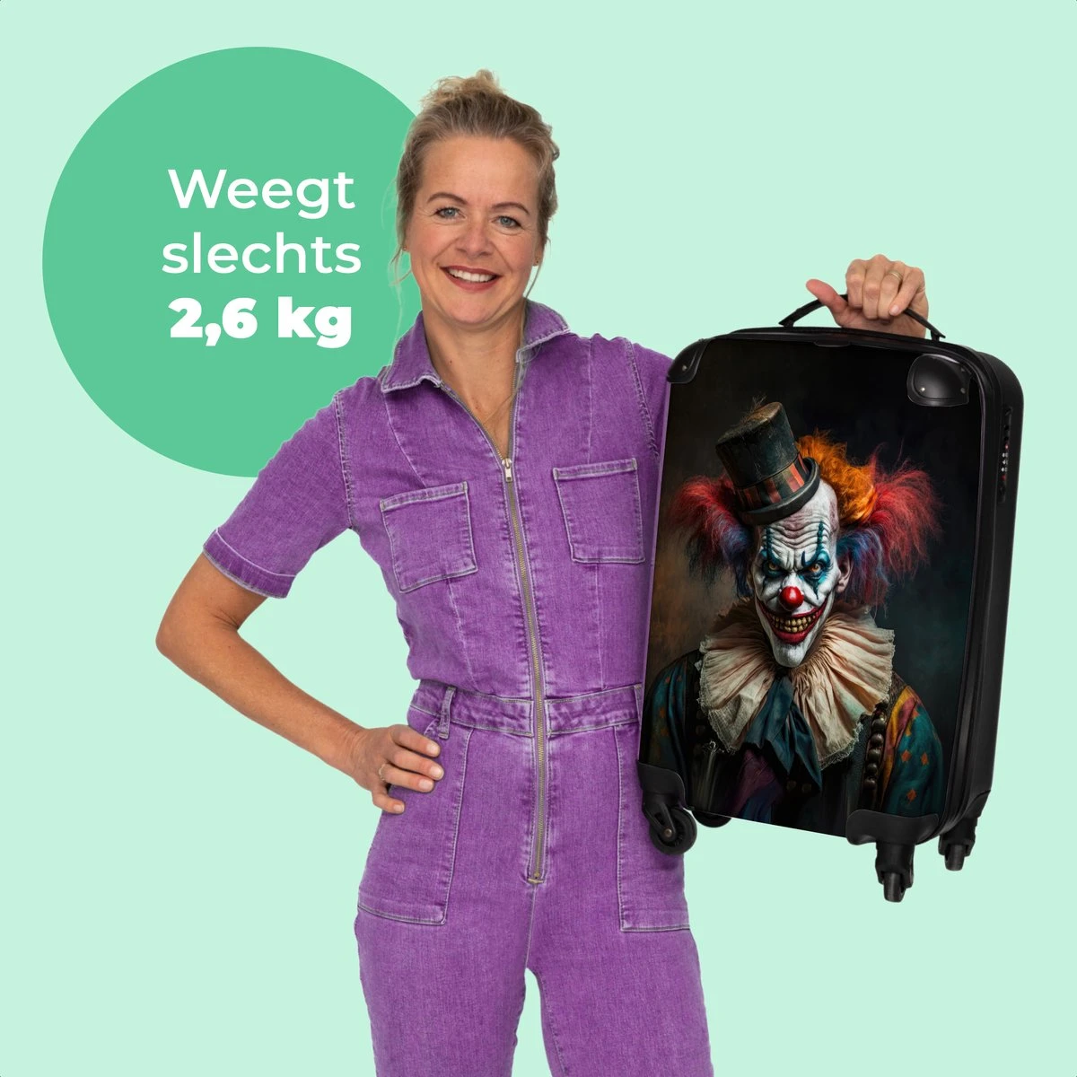 NoBoringSuitcases.com® Trolley - Reiskoffers - Clown - Hoed - Kraag - Portret - Horror - Trolley Op Wieltjes - Past Binnen 55x40x20 Cm En 55x35x25 Cm - Koffertje - Handbagagekoffer 4 NoBoringSuitcases.com® Trolley - Reiskoffers - Clown - Hoed - Kraag - Portret - Horror - Trolley Op Wieltjes - Past Binnen 55x40x20 Cm En 55x35x25 Cm - Koffertje - Handbagagekoffer - Afbeelding 2