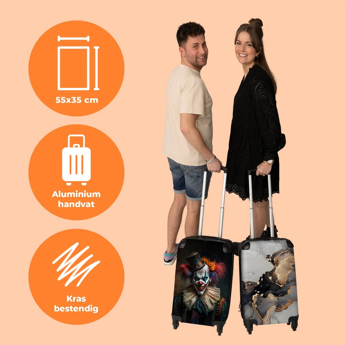 NoBoringSuitcases.com® Trolley - Reiskoffers - Clown - Hoed - Kraag - Portret - Horror - Trolley Op Wieltjes - Past Binnen 55x40x20 Cm En 55x35x25 Cm - Koffertje - Handbagagekoffer 5 NoBoringSuitcases.com® Trolley - Reiskoffers - Clown - Hoed - Kraag - Portret - Horror - Trolley Op Wieltjes - Past Binnen 55x40x20 Cm En 55x35x25 Cm - Koffertje - Handbagagekoffer - Afbeelding 3