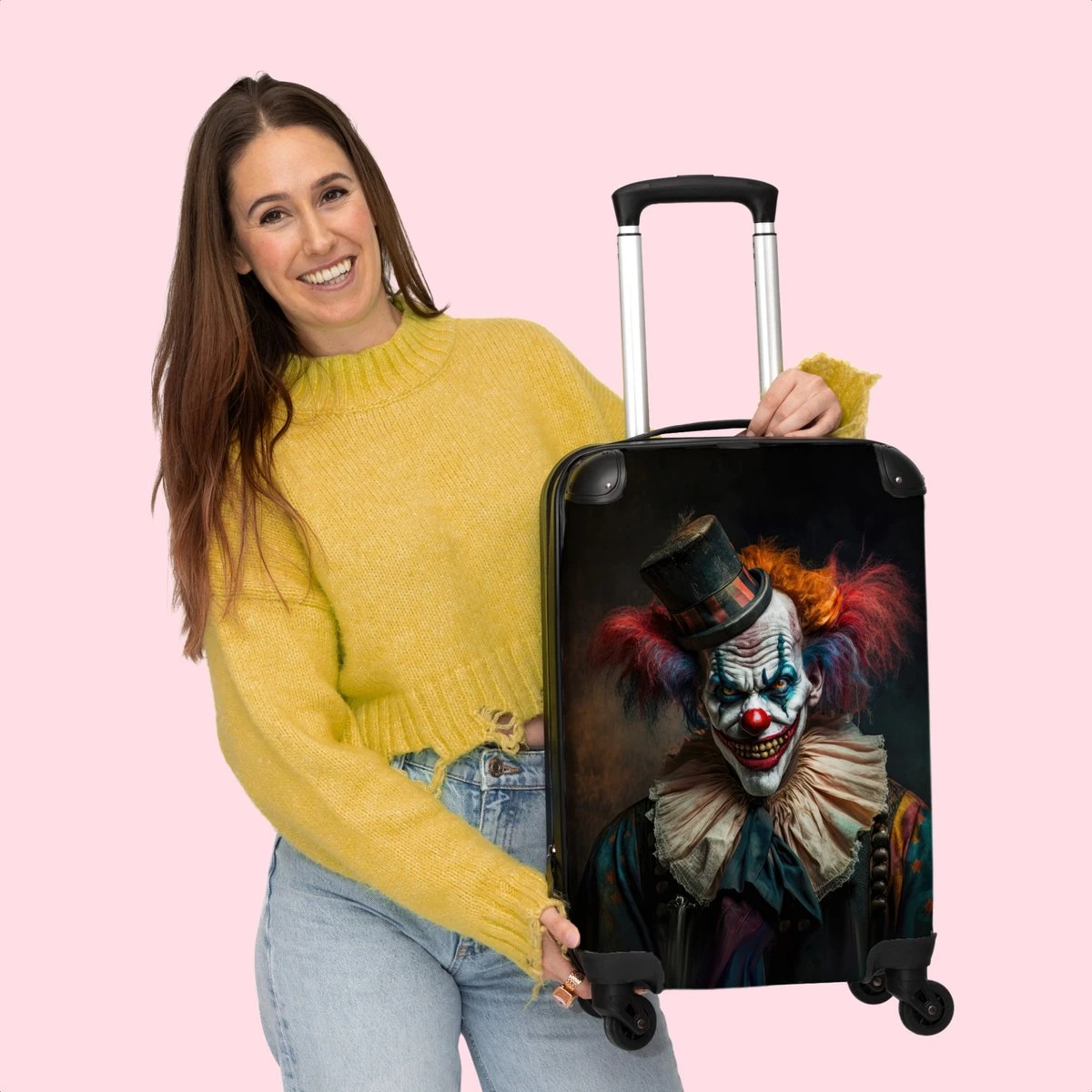 NoBoringSuitcases.com® Trolley - Reiskoffers - Clown - Hoed - Kraag - Portret - Horror - Trolley Op Wieltjes - Past Binnen 55x40x20 Cm En 55x35x25 Cm - Koffertje - Handbagagekoffer 9 NoBoringSuitcases.com® Trolley - Reiskoffers - Clown - Hoed - Kraag - Portret - Horror - Trolley Op Wieltjes - Past Binnen 55x40x20 Cm En 55x35x25 Cm - Koffertje - Handbagagekoffer - Afbeelding 7