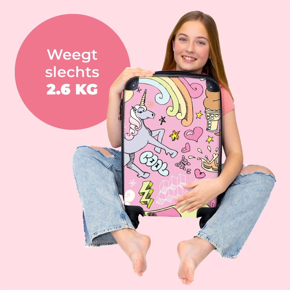 NoBoringSuitcases.com® Koffer - Roze - Eenhoorn - Skateboard - Tekening - Past Binnen 55x40x20 Cm En 55x35x25 Cm - Handbagage - Trolley - Fotokoffer - Cabin Size - Print 4 NoBoringSuitcases.com® Koffer - Roze - Eenhoorn - Skateboard - Tekening - Past Binnen 55x40x20 Cm En 55x35x25 Cm - Handbagage - Trolley - Fotokoffer - Cabin Size - Print - Afbeelding 2