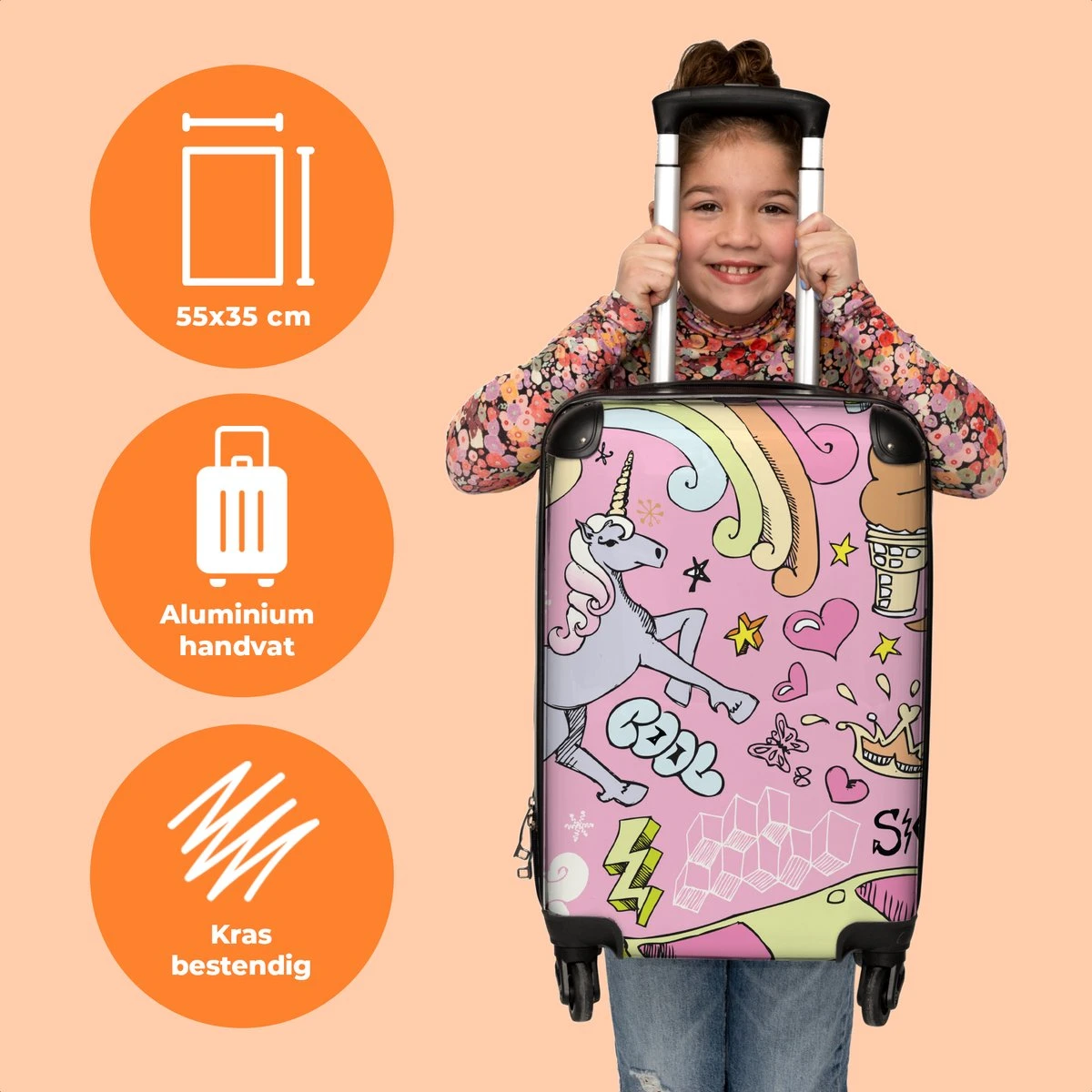 NoBoringSuitcases.com® Koffer - Roze - Eenhoorn - Skateboard - Tekening - Past Binnen 55x40x20 Cm En 55x35x25 Cm - Handbagage - Trolley - Fotokoffer - Cabin Size - Print 5 NoBoringSuitcases.com® Koffer - Roze - Eenhoorn - Skateboard - Tekening - Past Binnen 55x40x20 Cm En 55x35x25 Cm - Handbagage - Trolley - Fotokoffer - Cabin Size - Print - Afbeelding 3