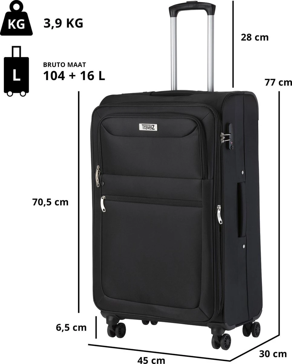 TravelZ Softspinner TSA Kofferset - 2-delig Handbagage + Grote Koffer 77cm - Dubbele Wielen - Zwart 8 TravelZ Softspinner TSA Kofferset - 2-delig Handbagage + Grote Koffer 77cm - Dubbele Wielen - Zwart - Afbeelding 6