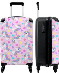 NoBoringSuitcases.com® Koffer - Eenhoorn - Meisje - Patroon - Hartje - Past Binnen 55x40x20 Cm En 55x35x25 Cm - Handbagage - Trolley - Fotokoffer - Cabin Size - Print